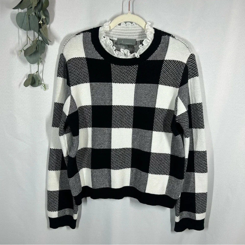 Anthropologie | Plaid Ruffle Collar Pullover Sweater Black White Women’s Size L - Picture 5 of 14